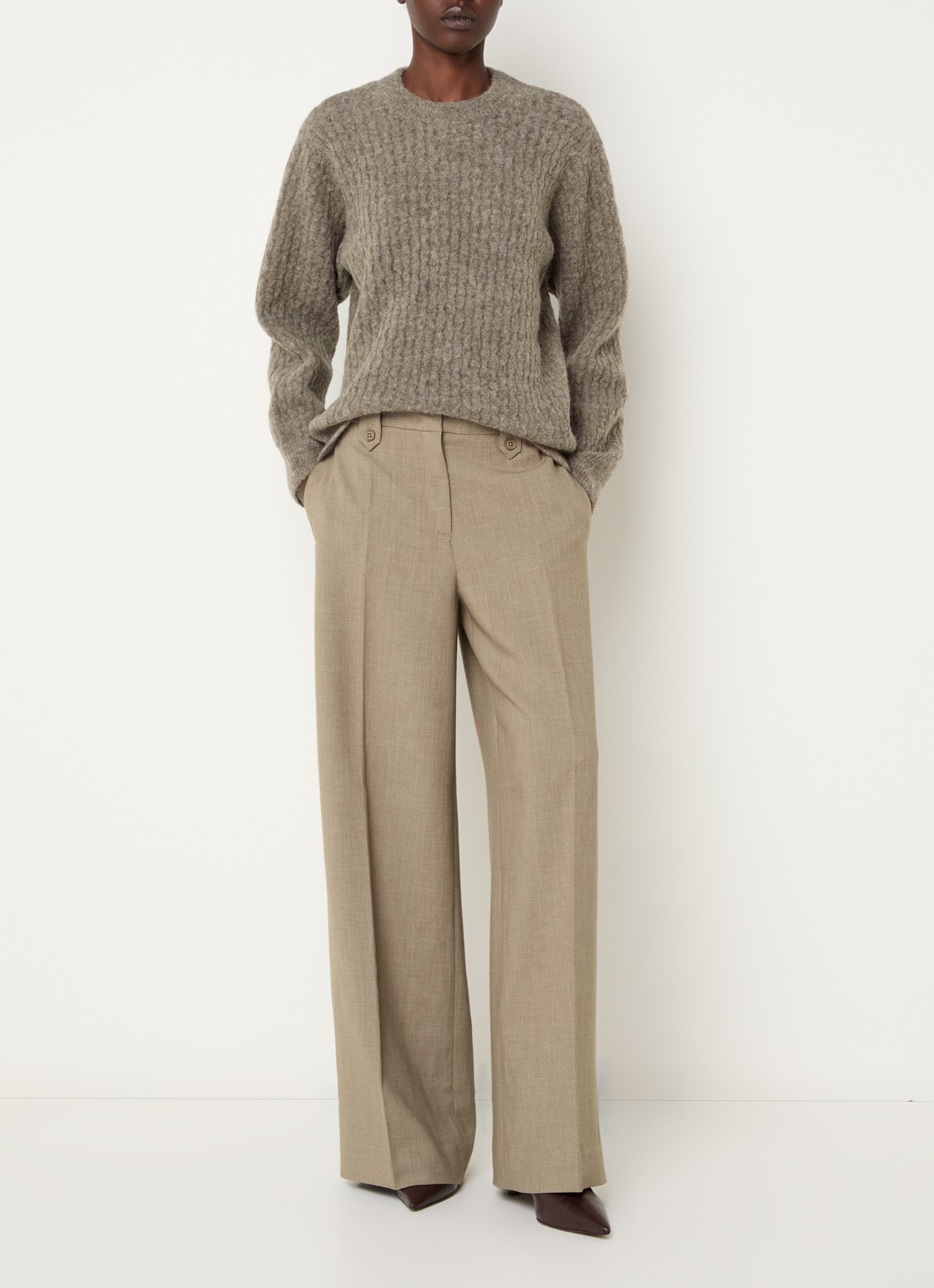 Claudia Sträter High waist wide fit pantalon met gemêleerd dessin - voorkant 4 beige