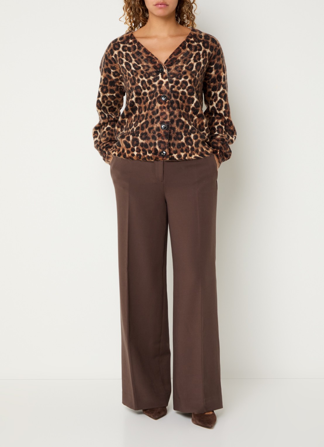 Claudia Sträter High waist wide fit pantalon met gemêleerd dessin - voorkant 4 bruin