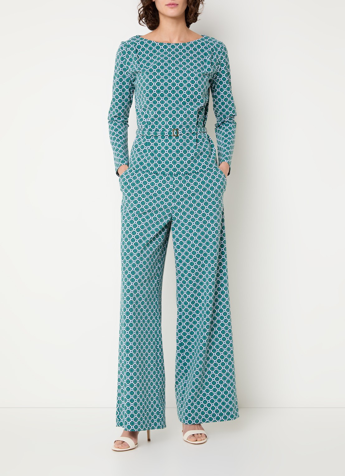 Claudia Sträter High waist wide fit pantalon met print en steekzakken - voorkant 2 donkergroen