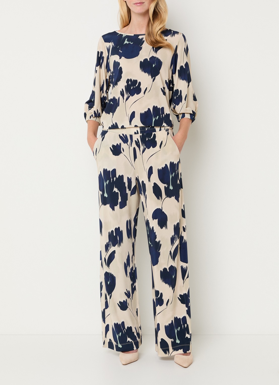 Claudia Sträter High waist wide fit pantalon met print en steekzakken - voorkant 3 donkerblauw
