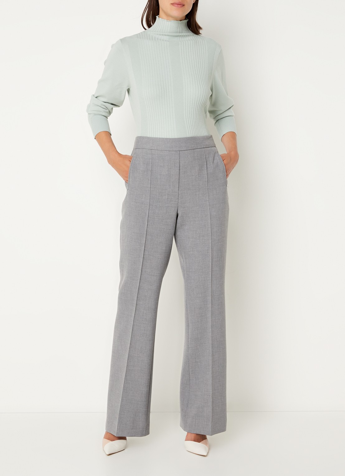 Claudia Sträter High waist wide fit pantalon met ritszakken en persplooi - voorkant 2 grijs