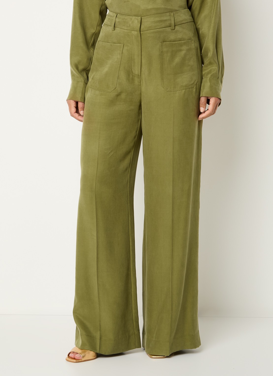 Claudia Sträter High waist wide fit pantalon met steekzakken - detail mosgroen