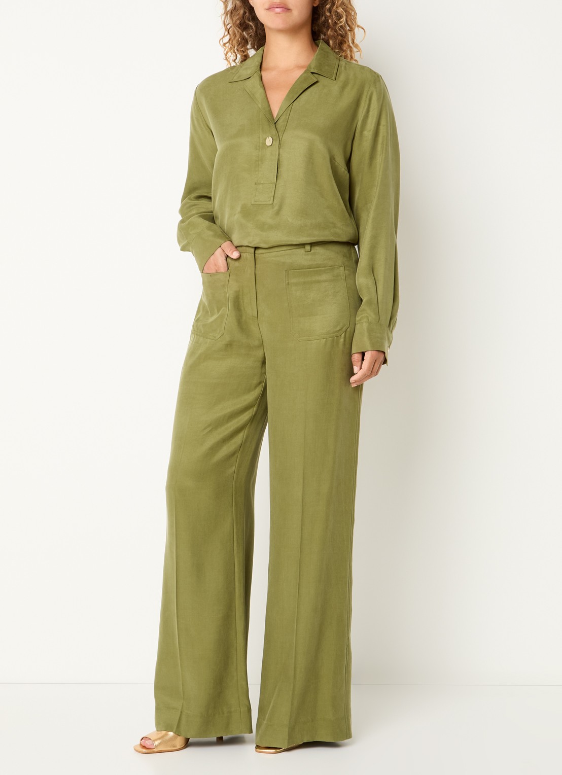 Claudia Sträter High waist wide fit pantalon met steekzakken - voorkant 4 mosgroen
