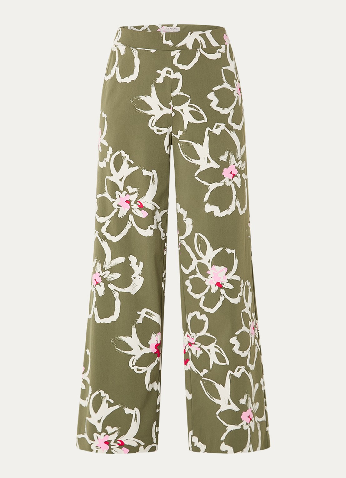 Claudia Sträter High waist wide leg broek van jersey met bloemenprint - voorkant 2 legergroen