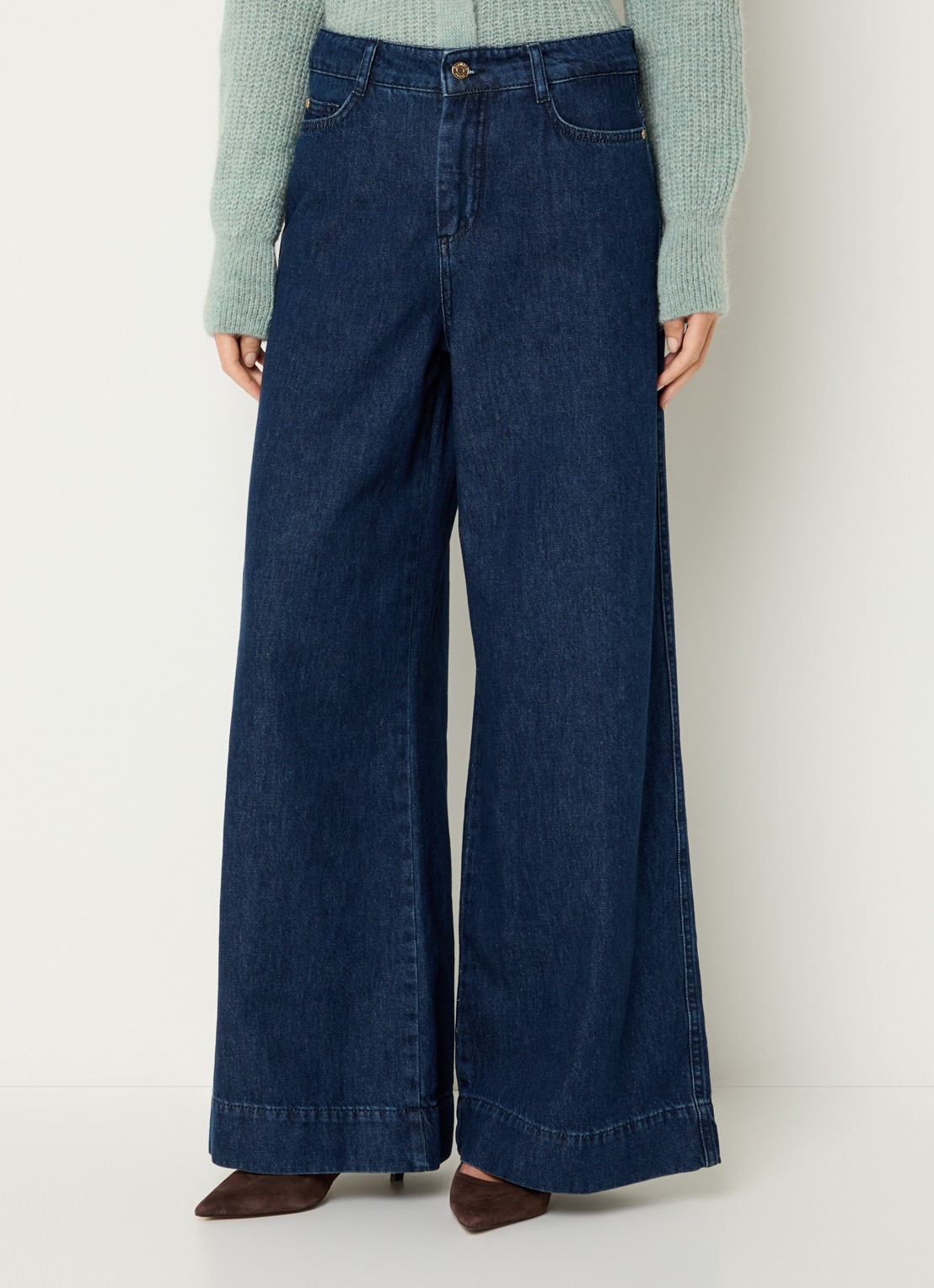Claudia Sträter High waist wide leg jeans met donkere wassing - detail donkerblauw