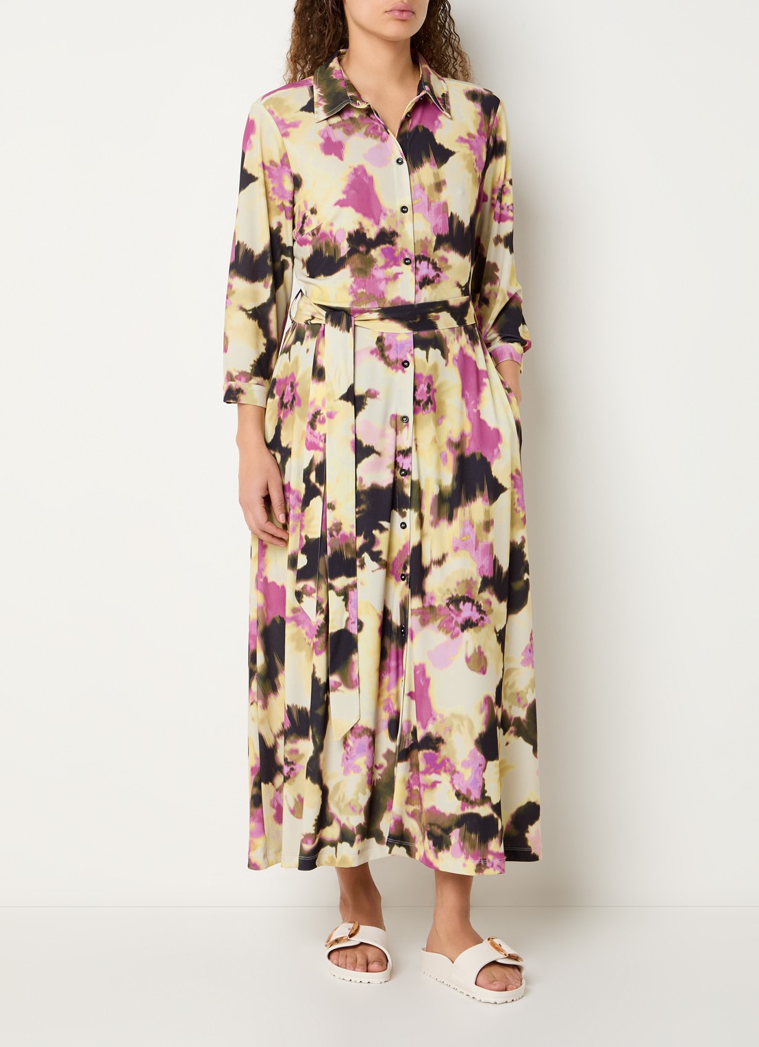 Claudia Sträter Maxi blousejurk met print en strikceintuur - detail 4 geel