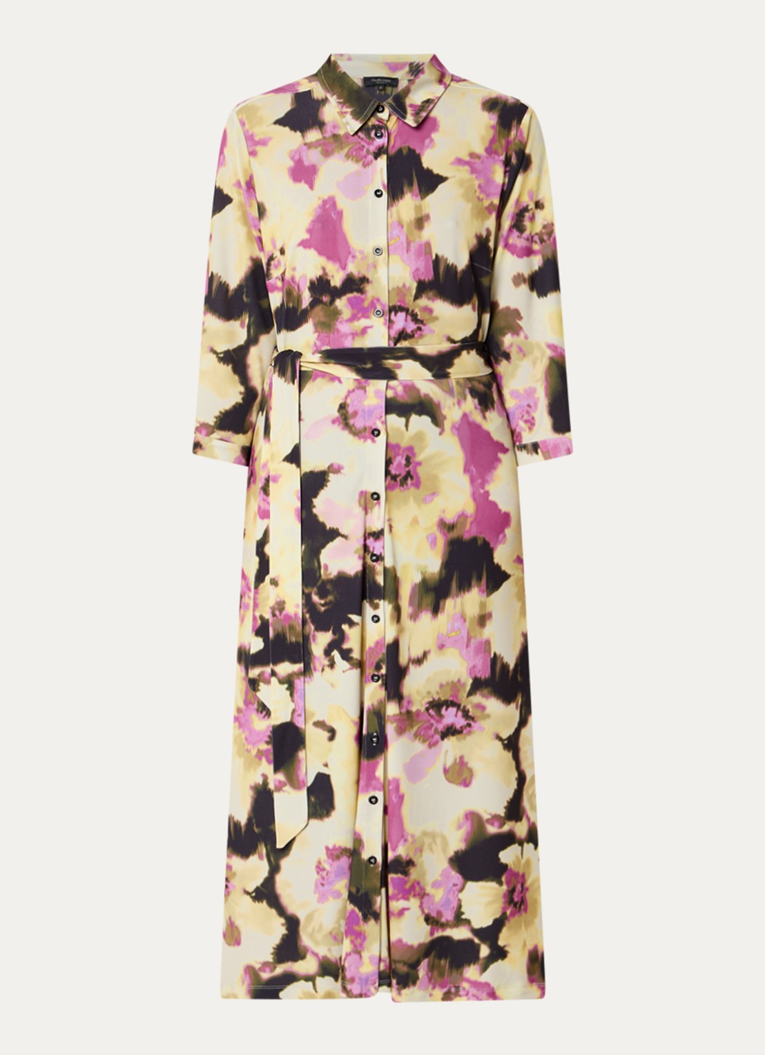 Claudia Sträter Maxi blousejurk met print en strikceintuur - voorkant geel
