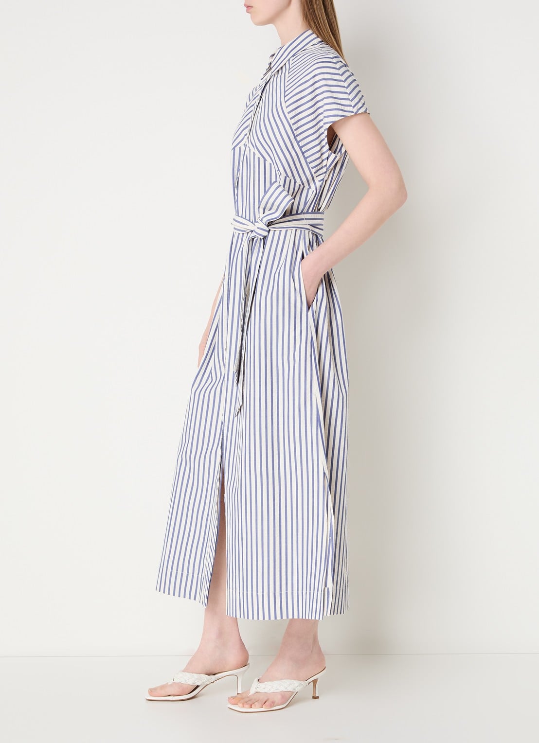 Claudia Sträter Maxi blousejurk met streepprint en strikceintuur - voorkant 2 royalblauw
