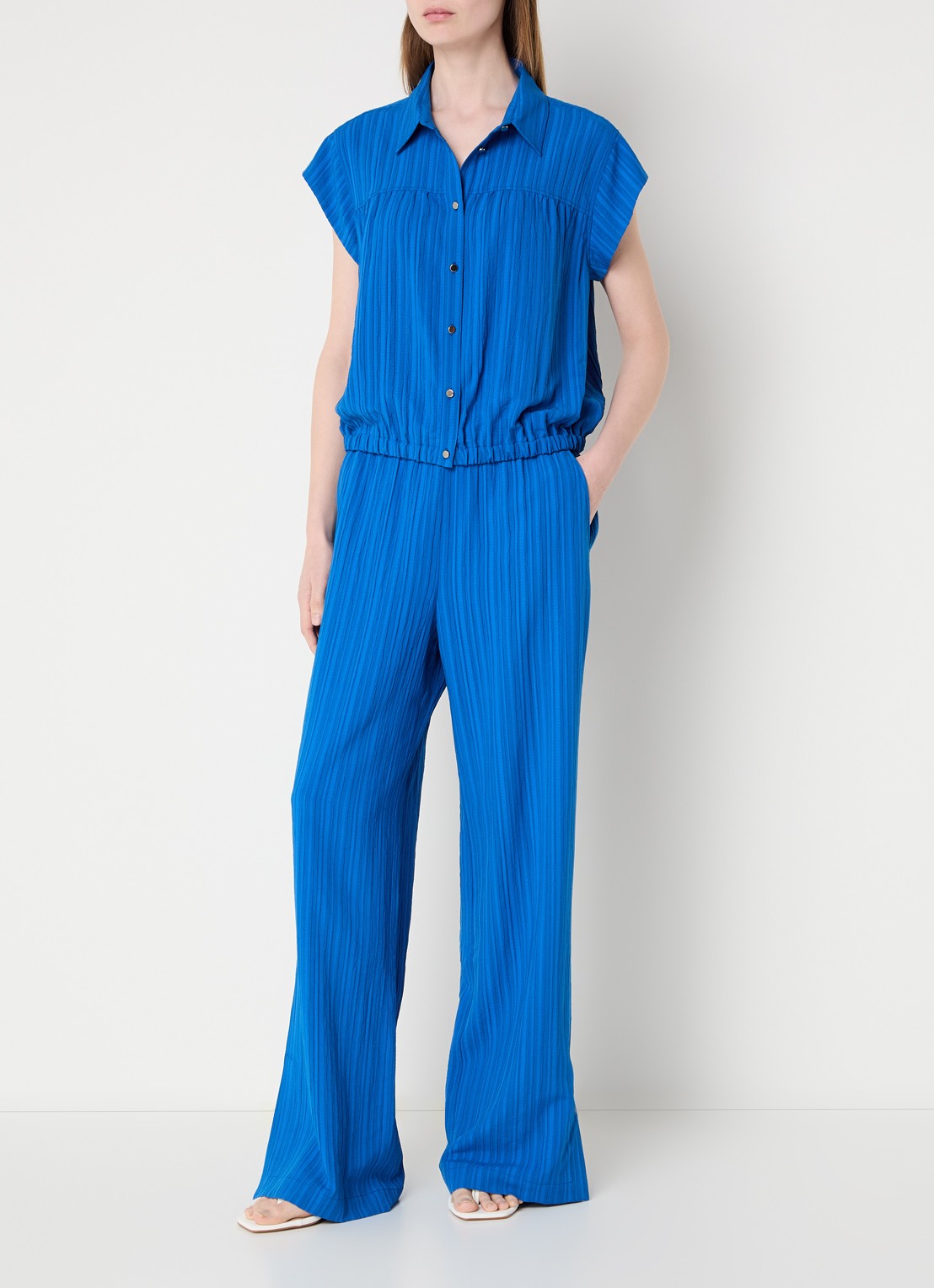 Claudia Sträter Mid waist straight fit broek met streepprint - voorkant 2 kobaltblauw