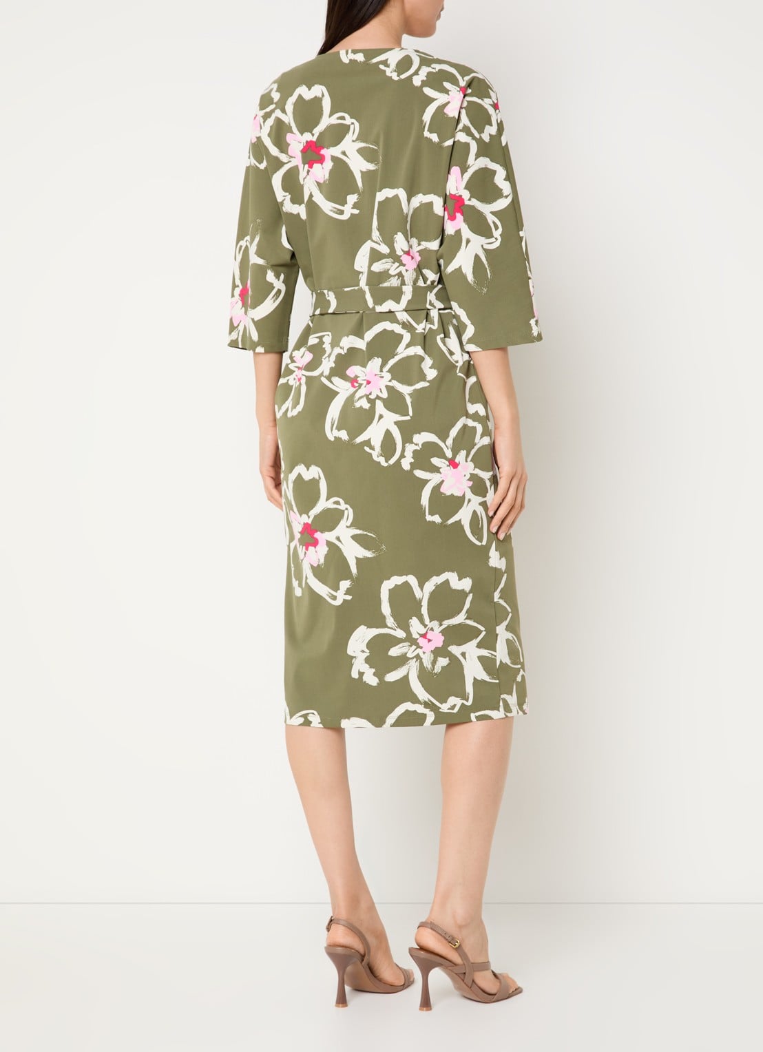 Claudia Sträter Midi jurk met bloemenprint en ceintuur - achterkant 4 donkergroen