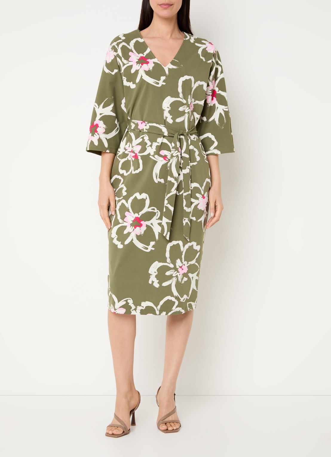 Claudia Sträter Midi jurk met bloemenprint en ceintuur - detail 3 donkergroen