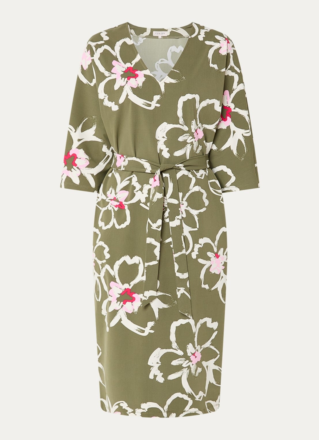 Claudia Sträter Midi jurk met bloemenprint en ceintuur - voorkant donkergroen