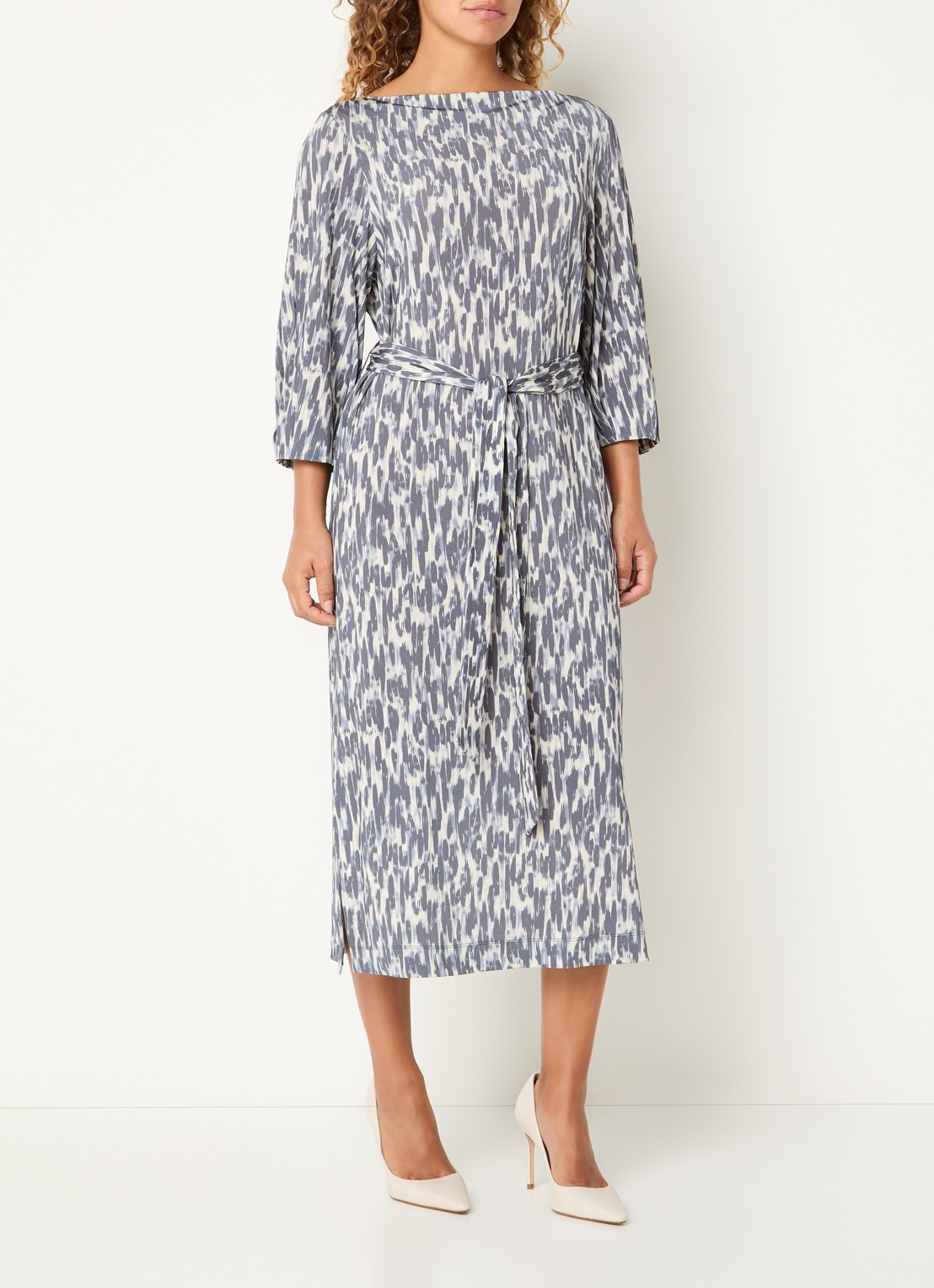 Claudia Sträter Midi jurk met print en ceintuur - detail staalblauw