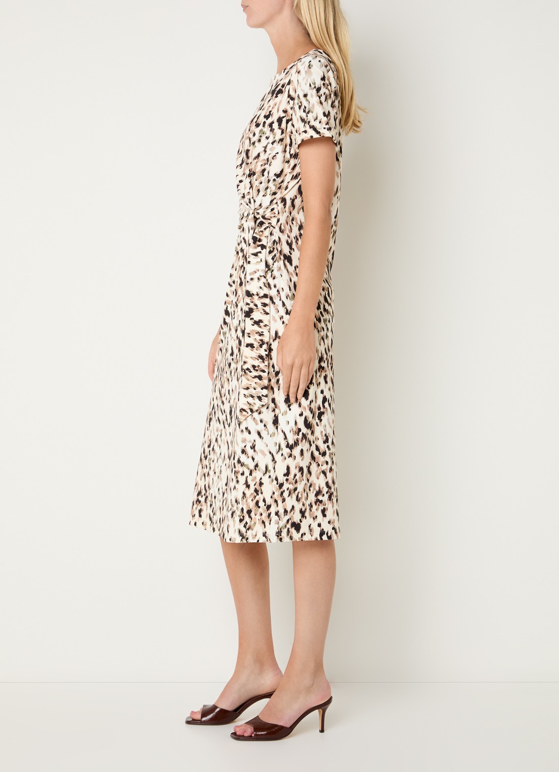 Claudia Sträter Midi jurk met print en strikceintuur - voorkant 4 creme