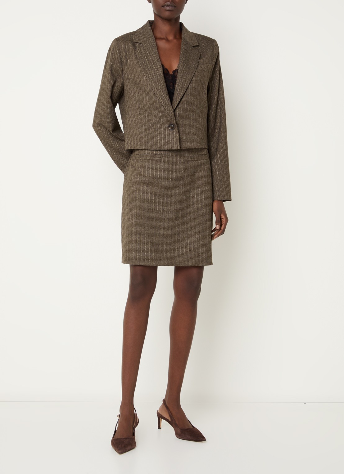 Claudia Sträter Mini rok met krijtstreep en lurex - voorkant 4 lichtbruin