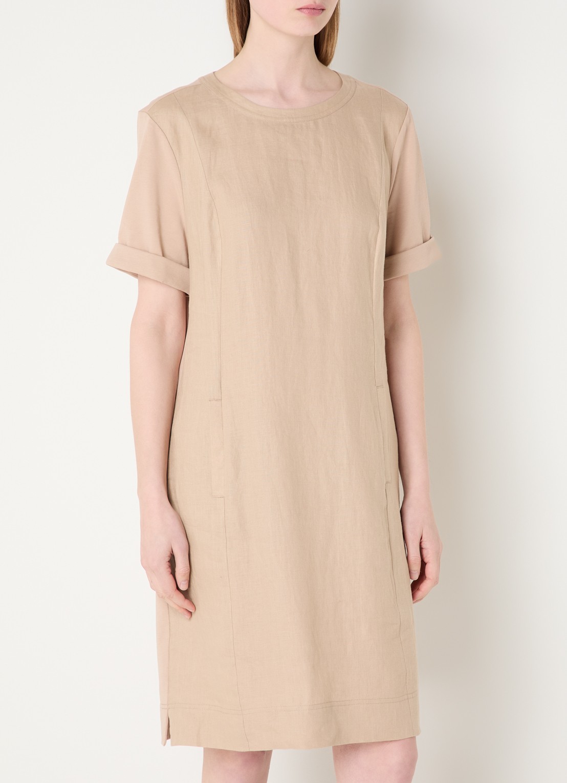 Claudia Sträter Mini T-shirt jurk van linnen met steekzakken - detail 4 beige