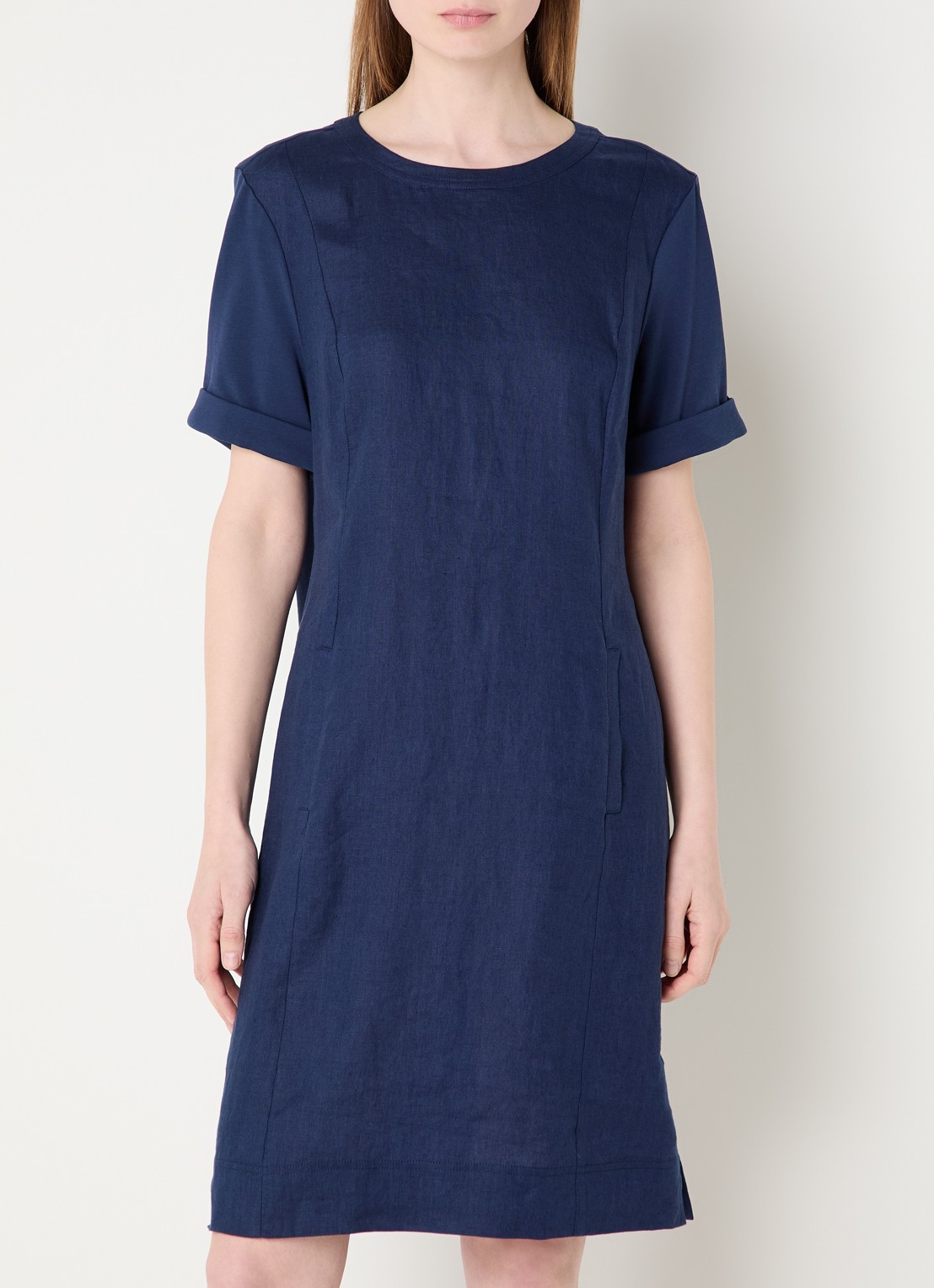 Claudia Sträter Mini T-shirt jurk van linnen met steekzakken - detail 3 donkerblauw