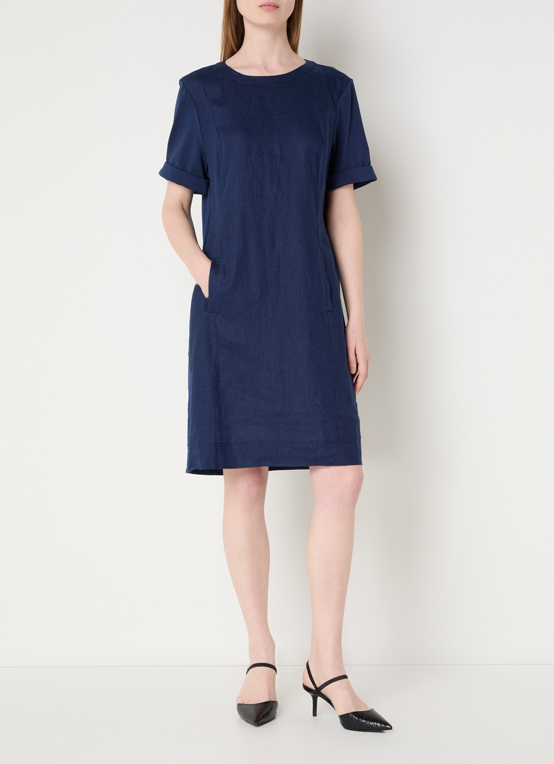 Claudia Sträter Mini T-shirt jurk van linnen met steekzakken - voorkant 2 donkerblauw