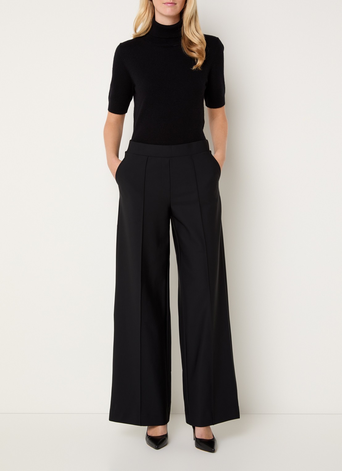 Claudia Sträter Noos high waist wide fit pantalon met steekzakken - voorkant 3 zwart