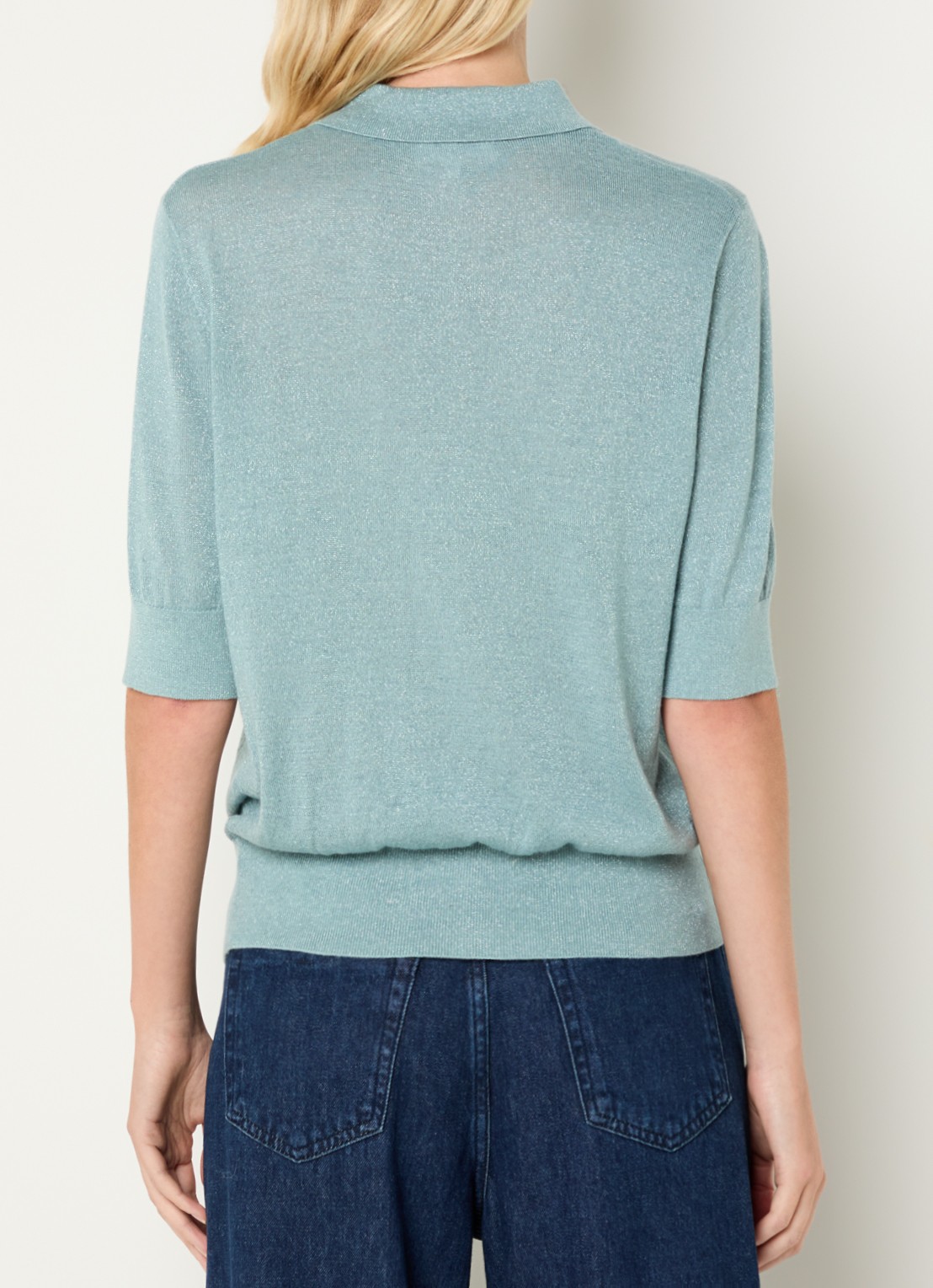 Claudia Sträter Pullover in wolblend met lurex en polokraag - achterkant lindegroen