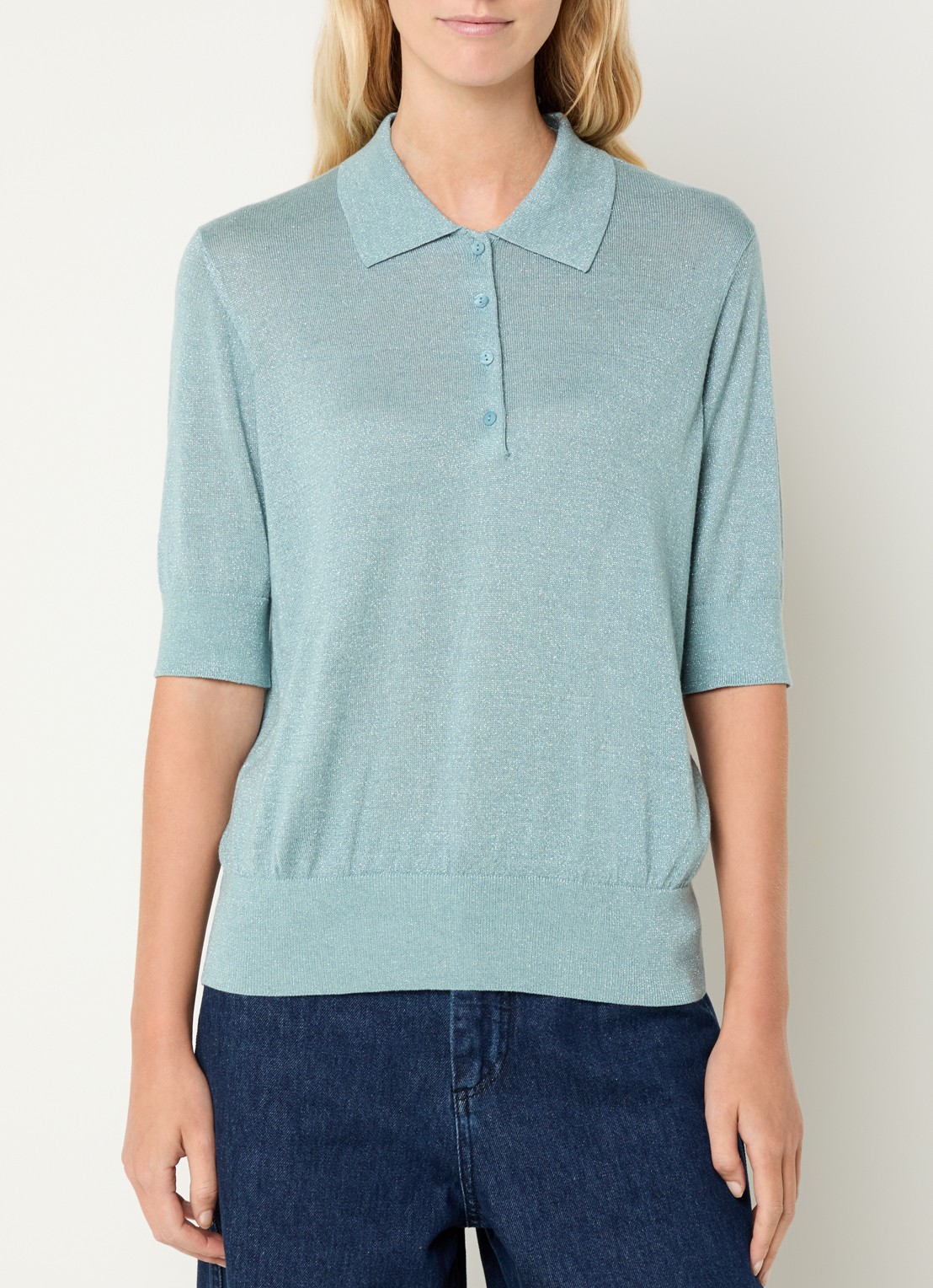 Claudia Sträter Pullover in wolblend met lurex en polokraag - detail 4 lindegroen