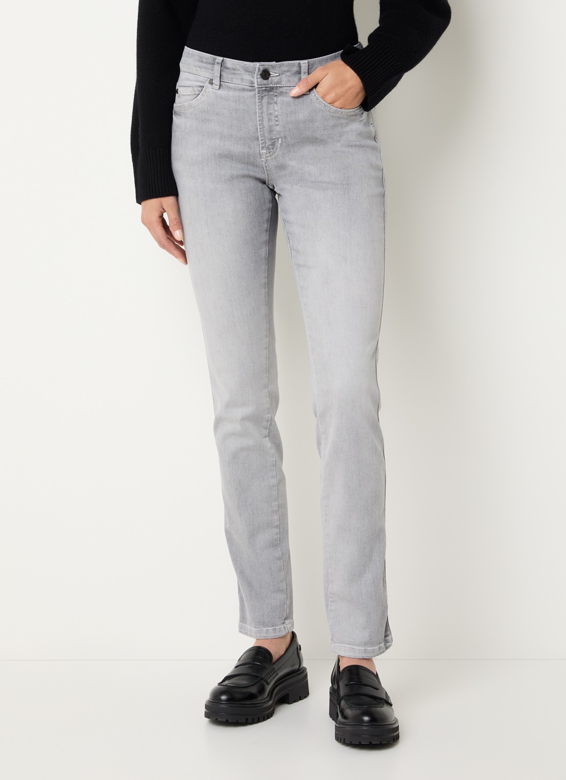 Claudia Sträter Sue mid waist slim fit jeans met gekleurde wassing - detail lichtgrijs