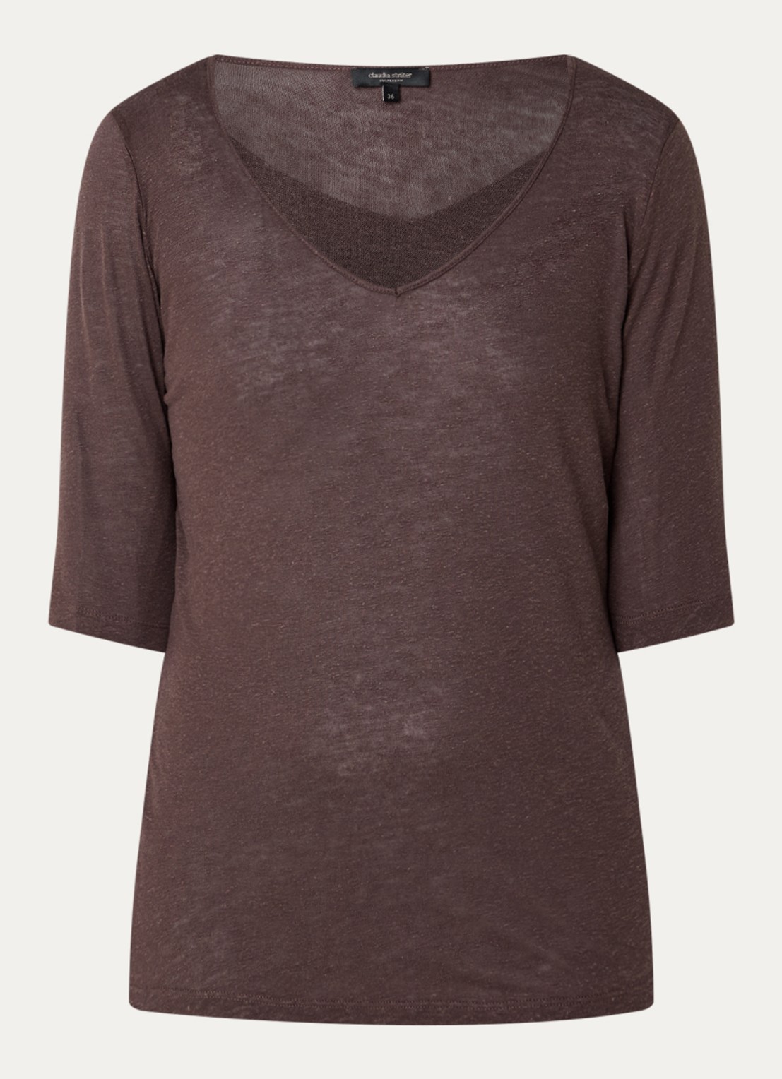 Claudia Sträter T-shirt in linnenblend met V-hals - voorkant 3 donkerbruin
