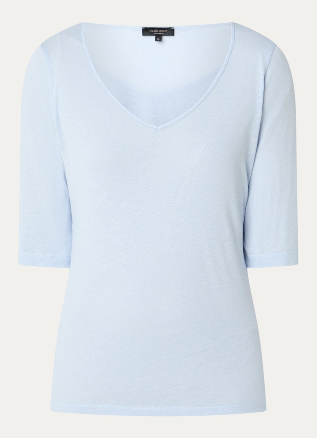 Claudia Sträter T-shirt in linnenblend met V-hals - voorkant 2 lichtblauw