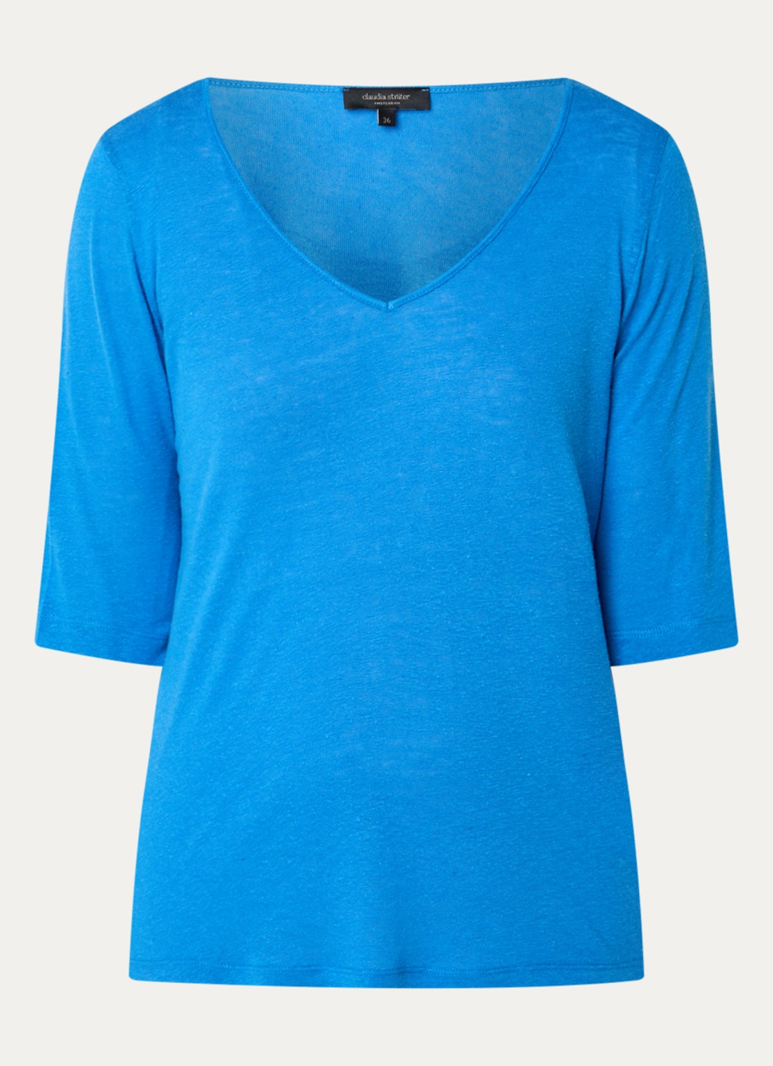 Claudia Sträter T-shirt in linnenblend met V-hals - voorkant kobaltblauw