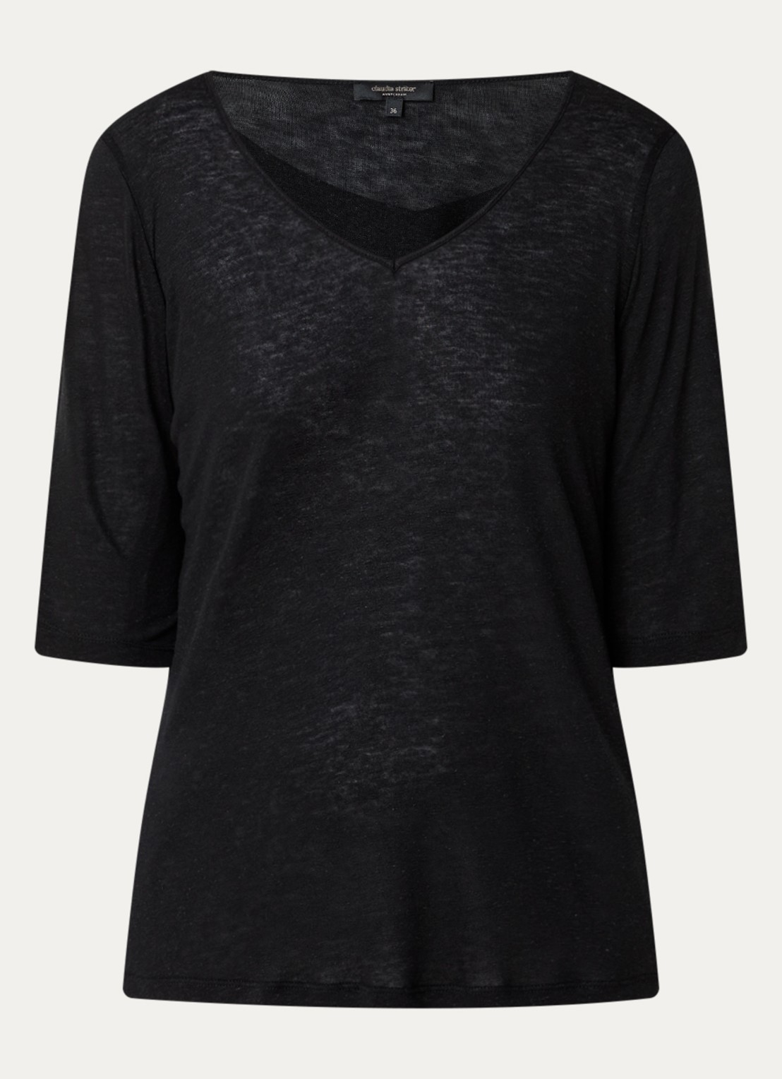 Claudia Sträter T-shirt in linnenblend met V-hals - voorkant 3 zwart