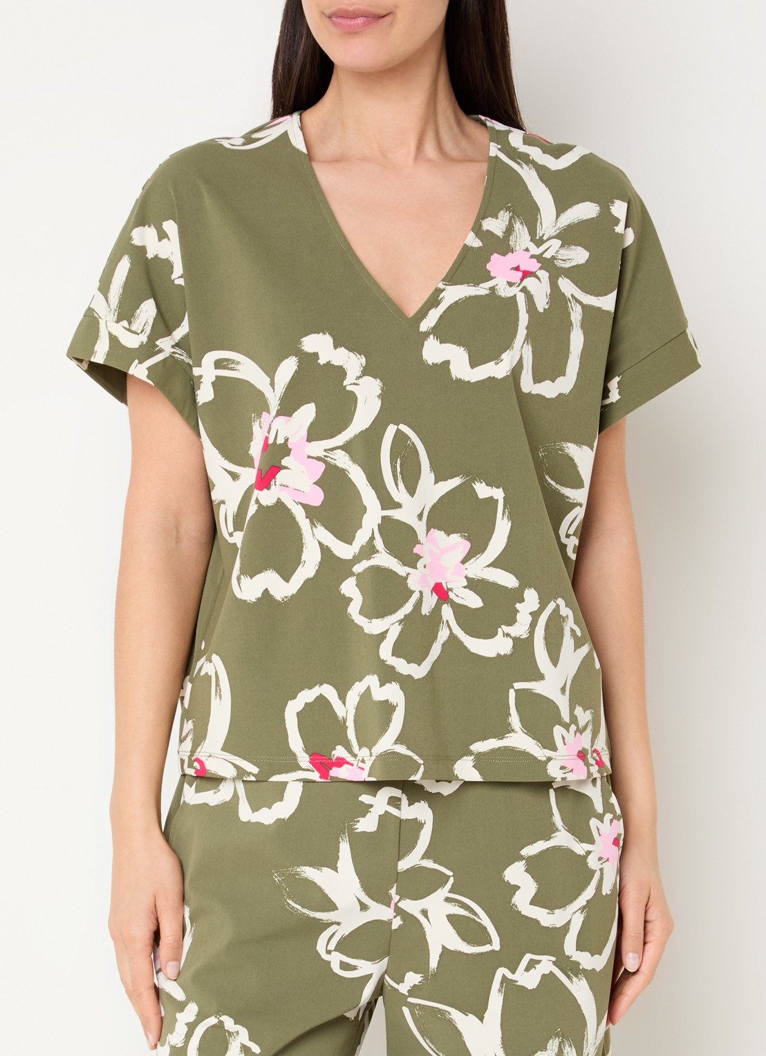 Claudia Sträter T-shirt met bloemenprint en V-hals - detail 4 donkergroen