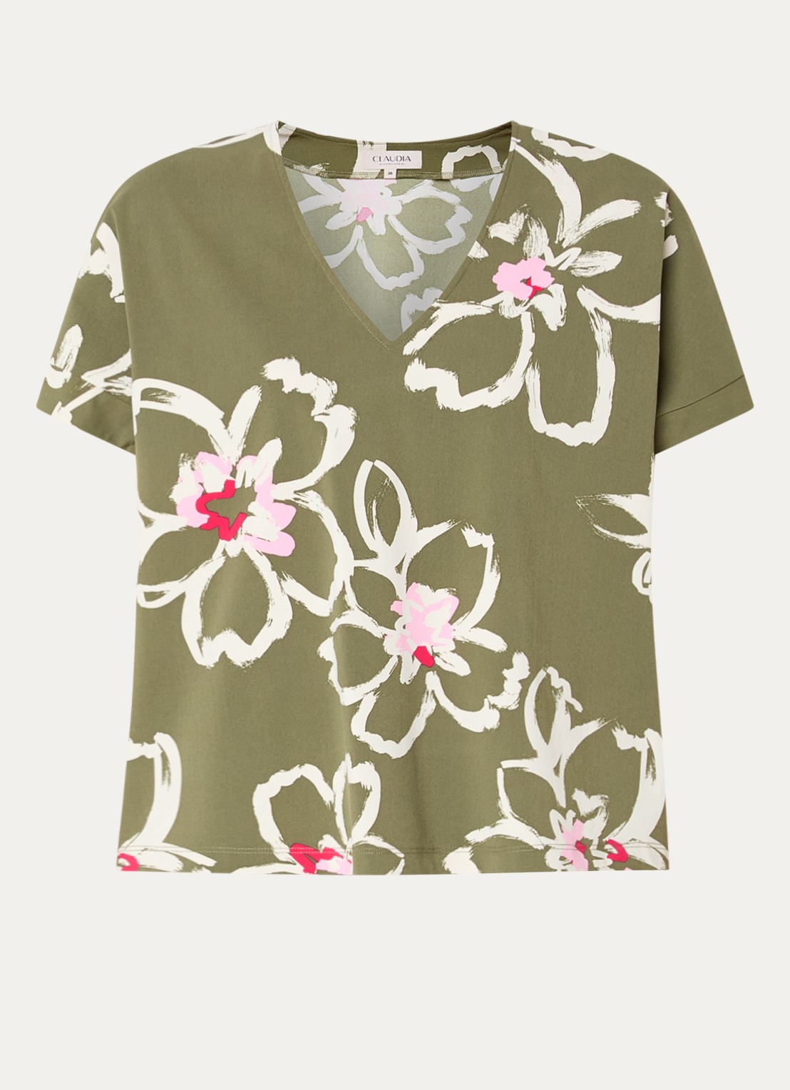 Claudia Sträter T-shirt met bloemenprint en V-hals - voorkant 2 donkergroen