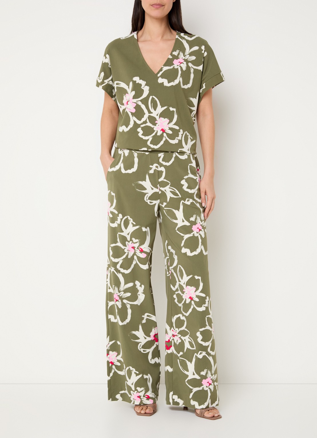Claudia Sträter T-shirt met bloemenprint en V-hals - voorkant 3 donkergroen