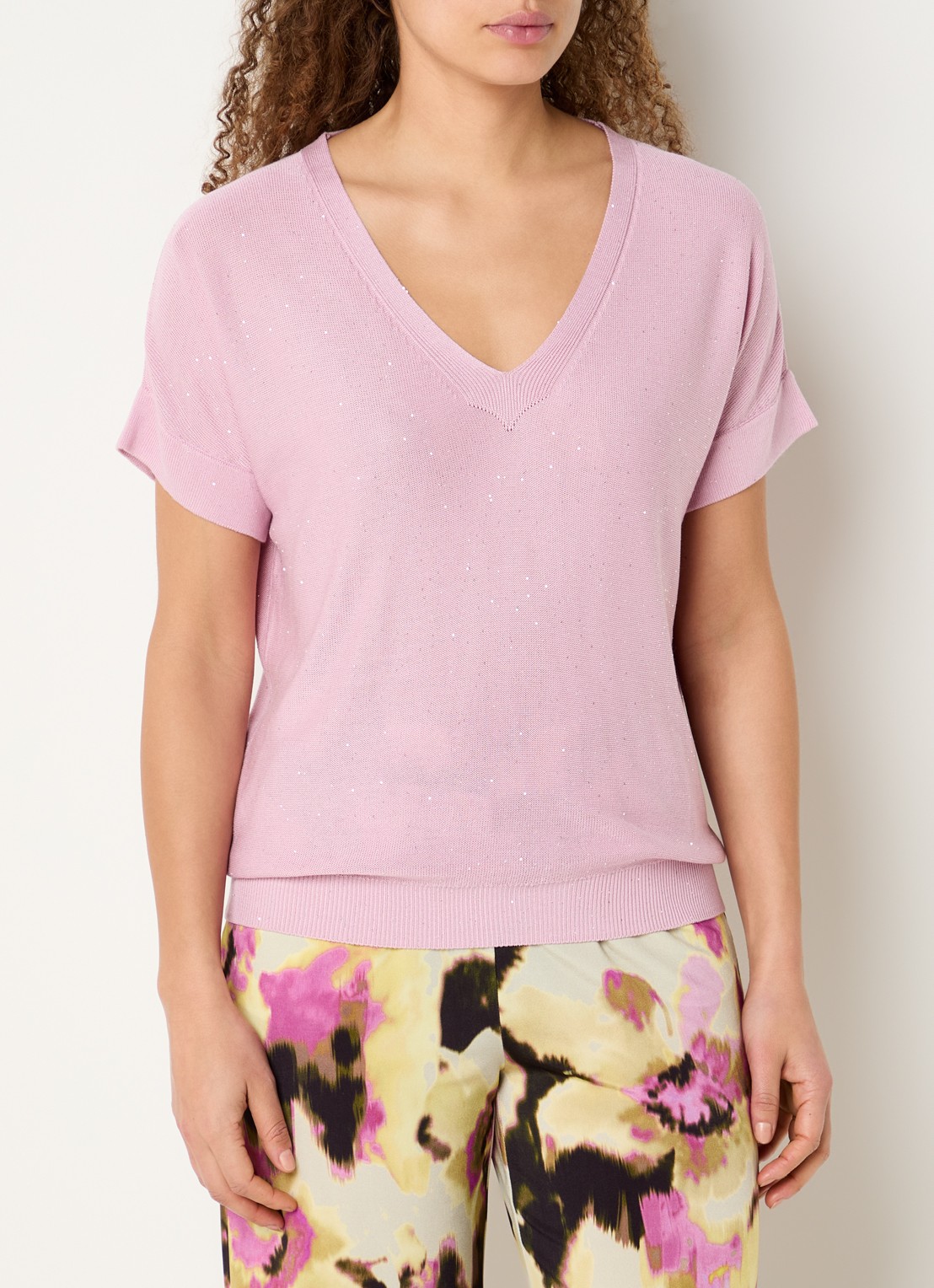 Claudia Sträter T-shirt met pailletten en V-hals - detail 2 roze