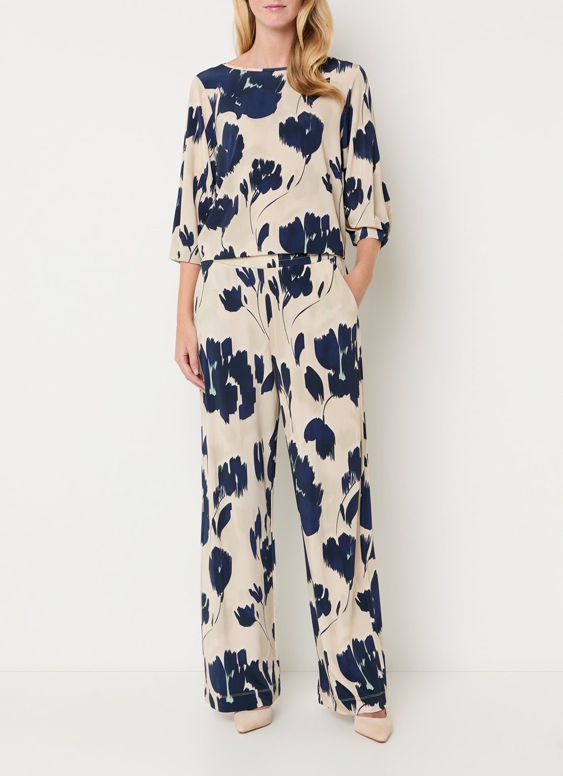 Claudia Sträter Top met bloemenprint en boothals - voorkant 4 donkerblauw