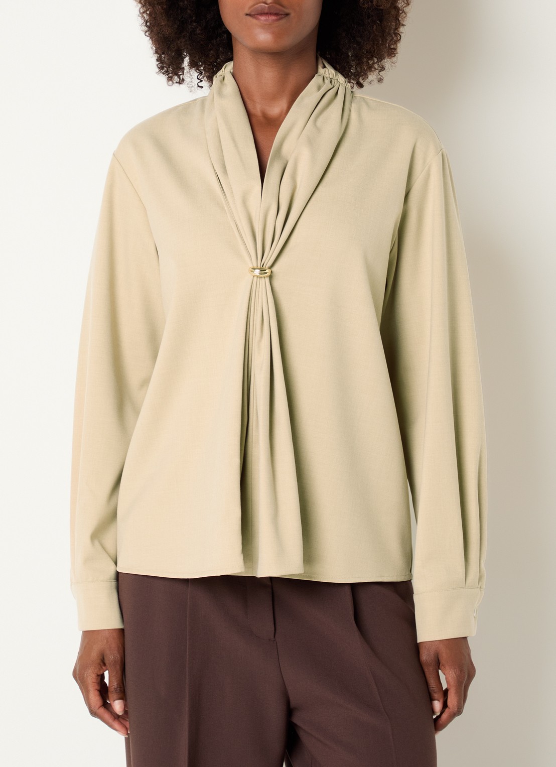 Claudia Sträter Tuniek van chambray met sjaalkraag - detail donkerkhaki