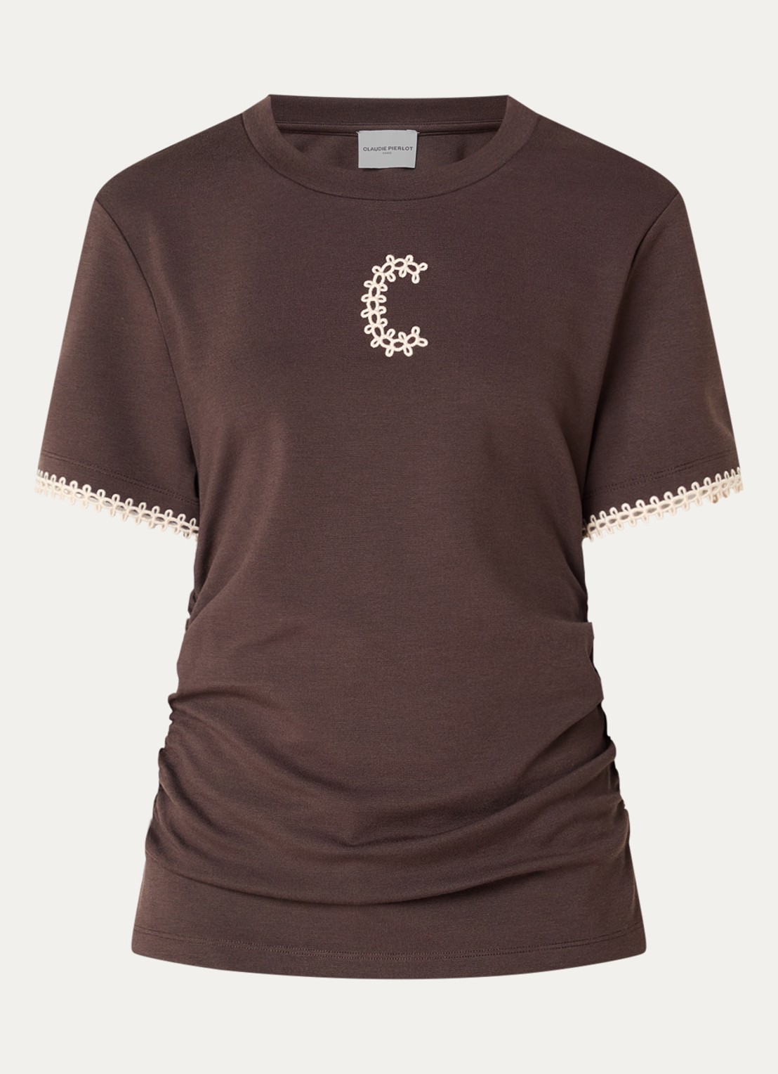 Claudie Pierlot Asymmetrisch T-shirt met borduring en plooidetail - voorkant 3 hazelnootbruin