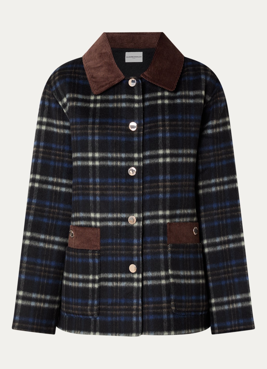 Claudie Pierlot Barn jack in alpaca wolblend met opgestikte zakken en ruitdessin - voorkant 2 donkerblauw
