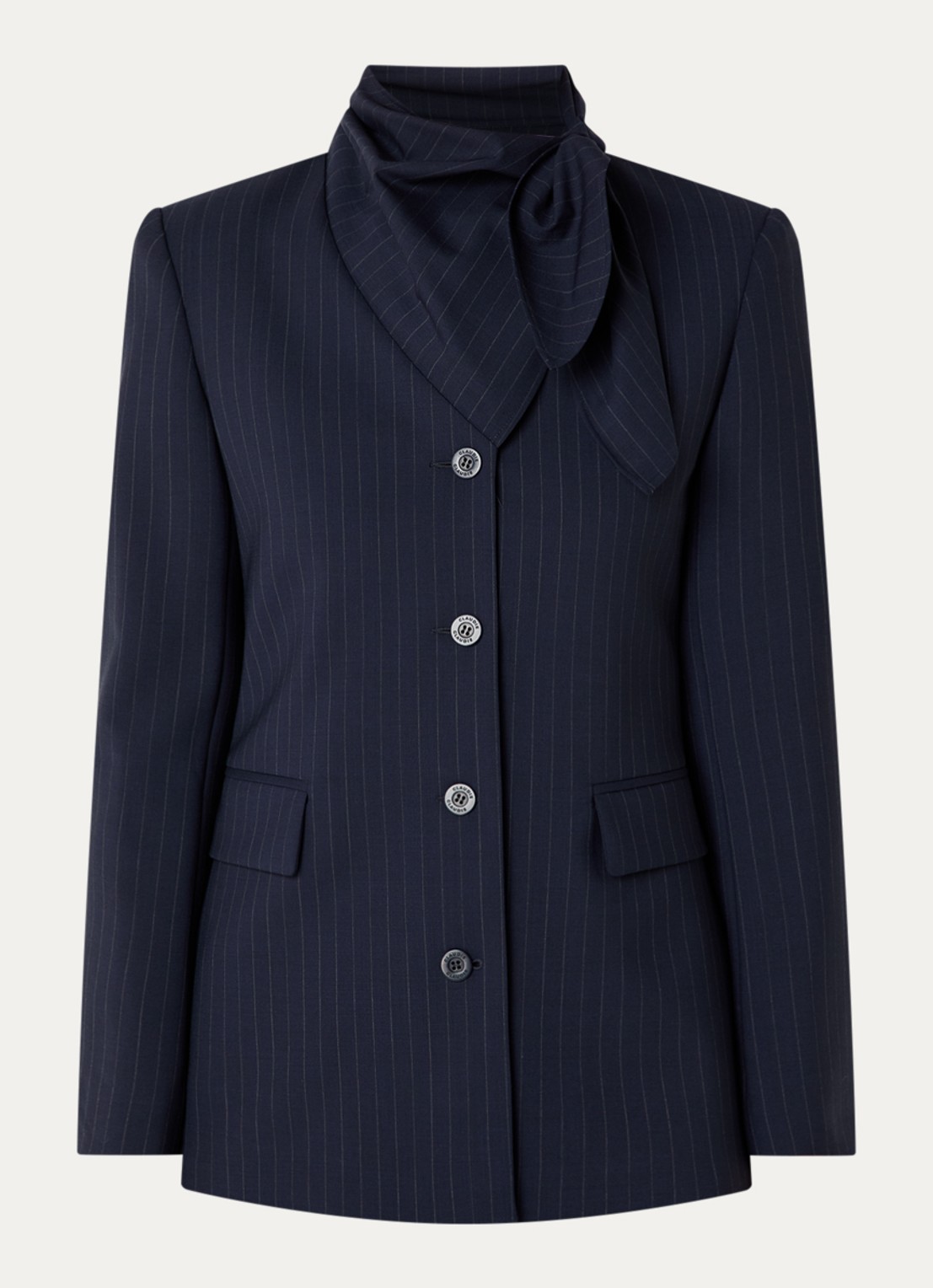 Claudie Pierlot Blazer in wolblend met krijtstreep en sjaalkraag - voorkant donkerblauw