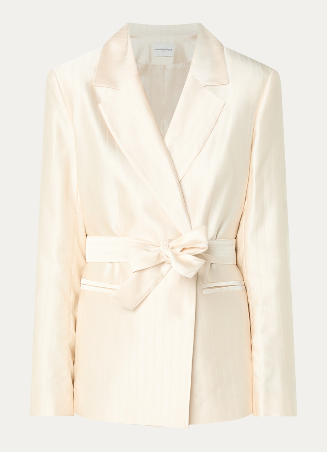 Claudie Pierlot Blazer van satijn met ceintuur - voorkant 3 vanillegeel