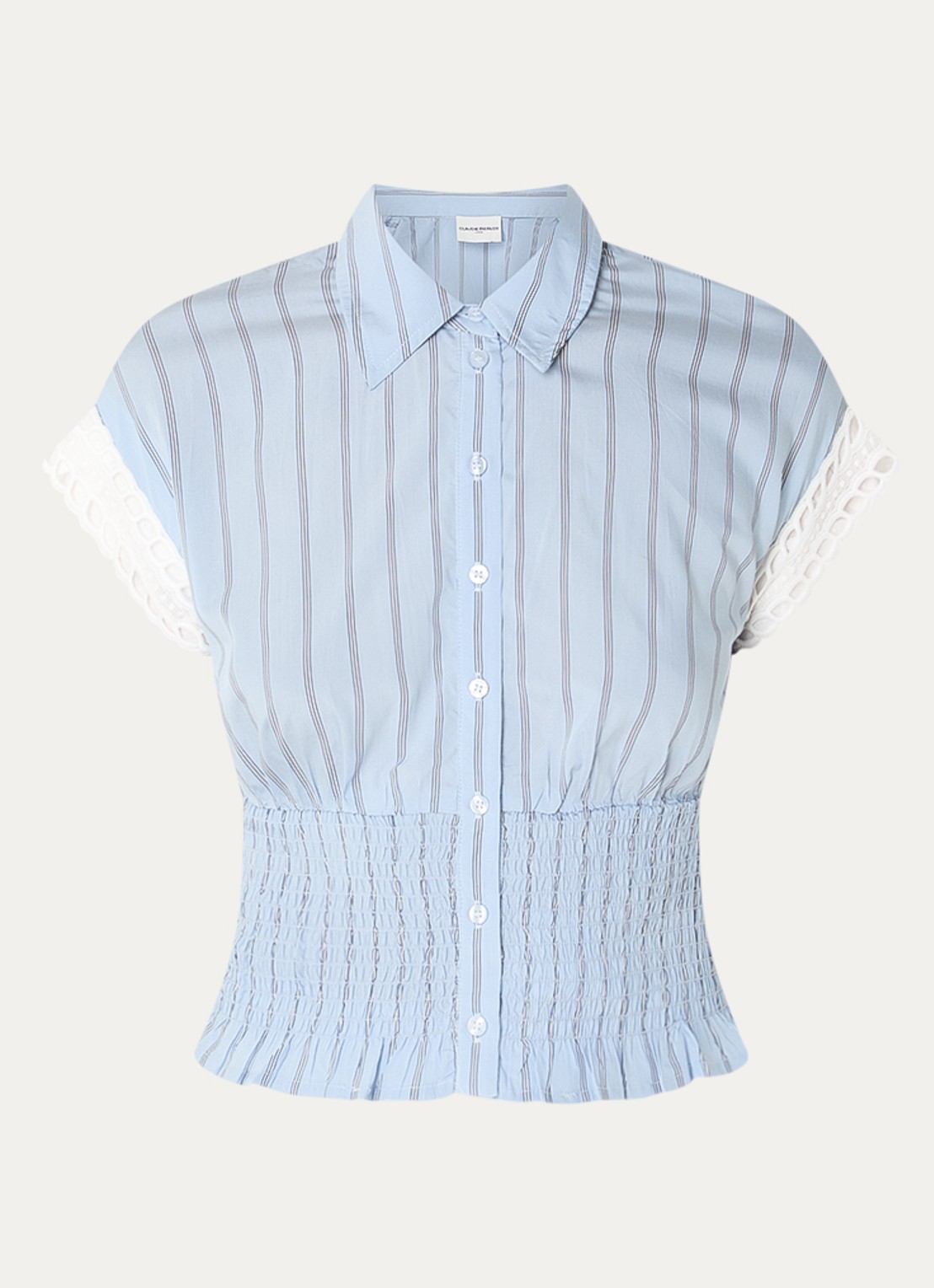 Claudie Pierlot Blouse met streepprint en smockwerk - voorkant staalblauw