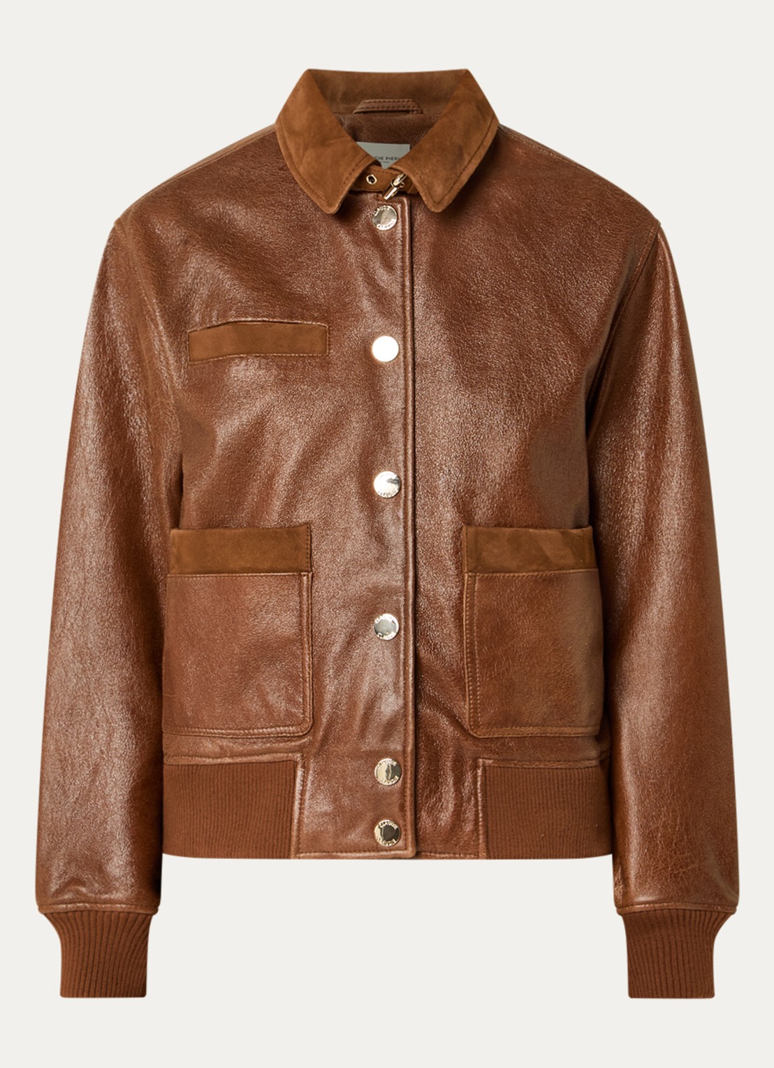 Claudie Pierlot Bomberjack van lamsleer met details van geitensuède - voorkant cognac