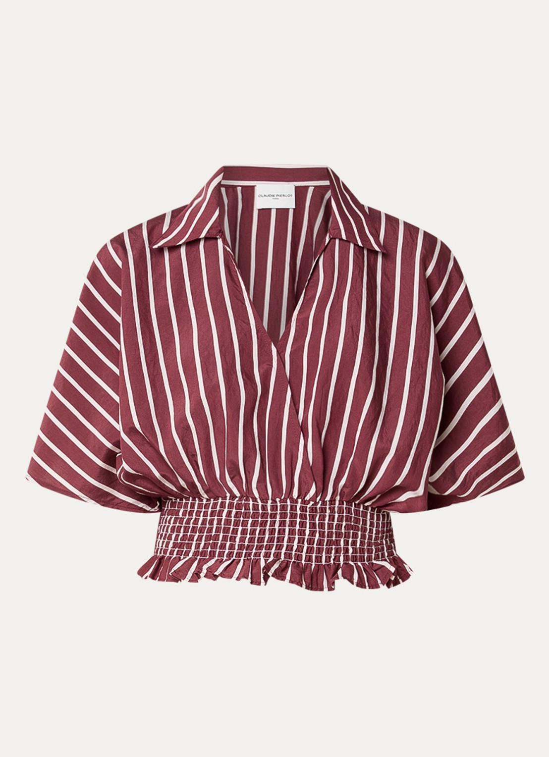 Claudie Pierlot Bomie cropped tuniek met streepprint en smockwerk - voorkant 2 bordeauxrood