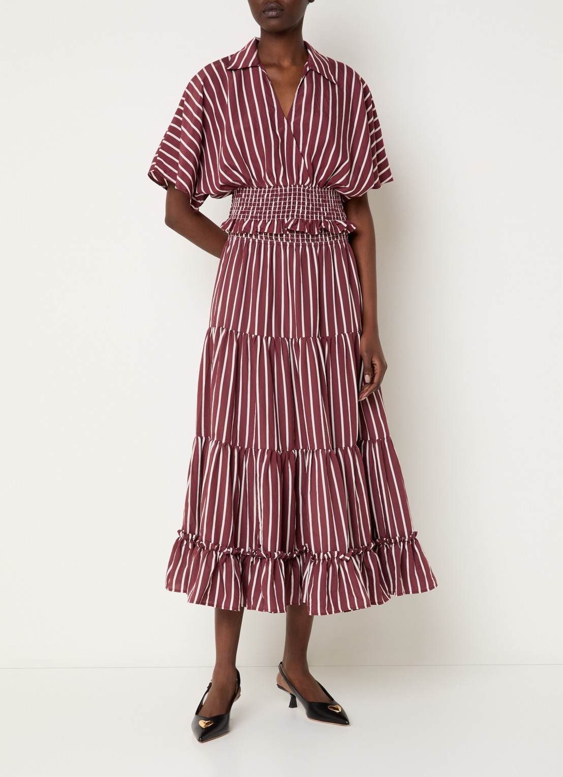 Claudie Pierlot Bomie cropped tuniek met streepprint en smockwerk - voorkant 3 bordeauxrood
