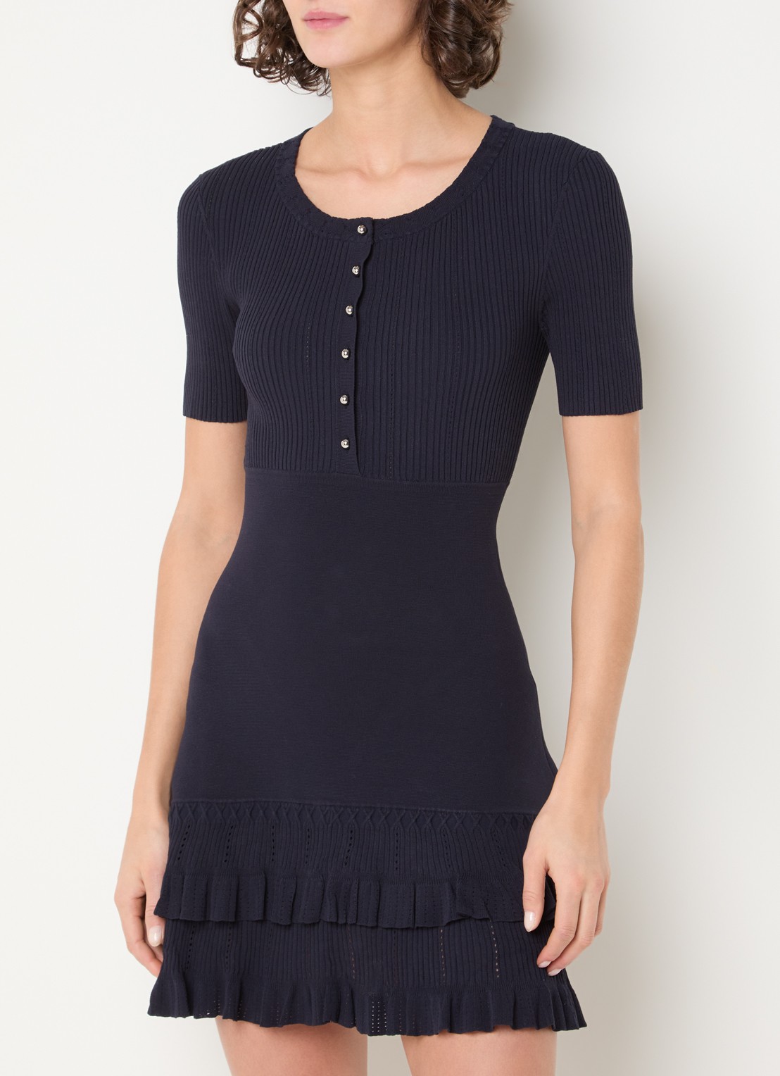 Claudie Pierlot Boogie ribgebreide mini jurk met volant en ruches - detail 3 donkerblauw