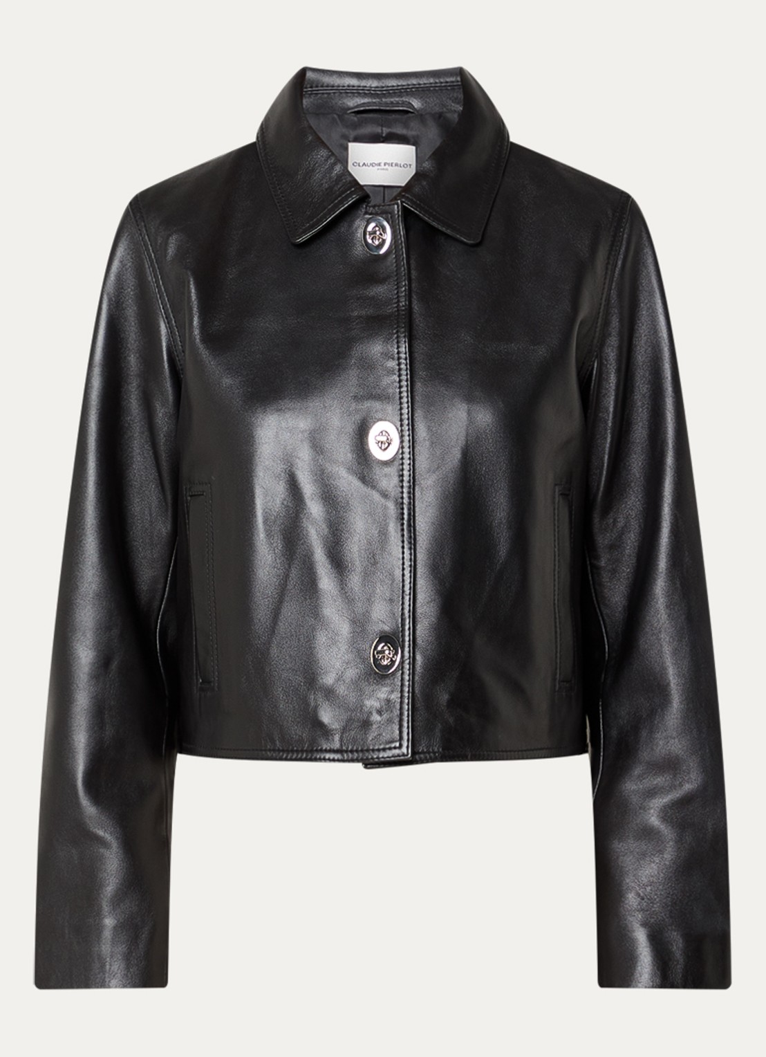 Claudie Pierlot Carlita cropped jack van lamsleer met steekzakken - voorkant zwart