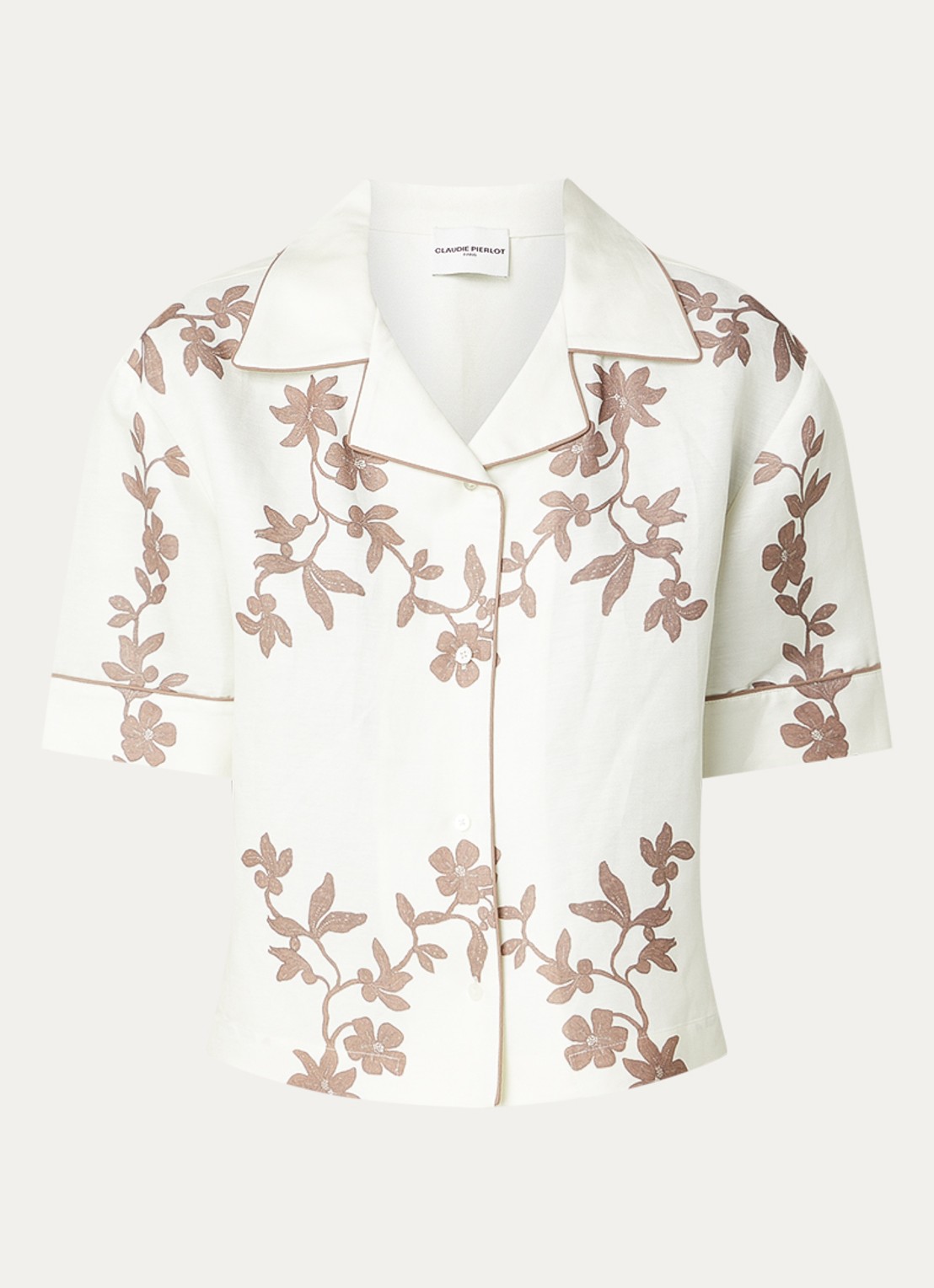 Claudie Pierlot Caulafleur blouse in linnenblend met bloemenprint - voorkant gebroken wit