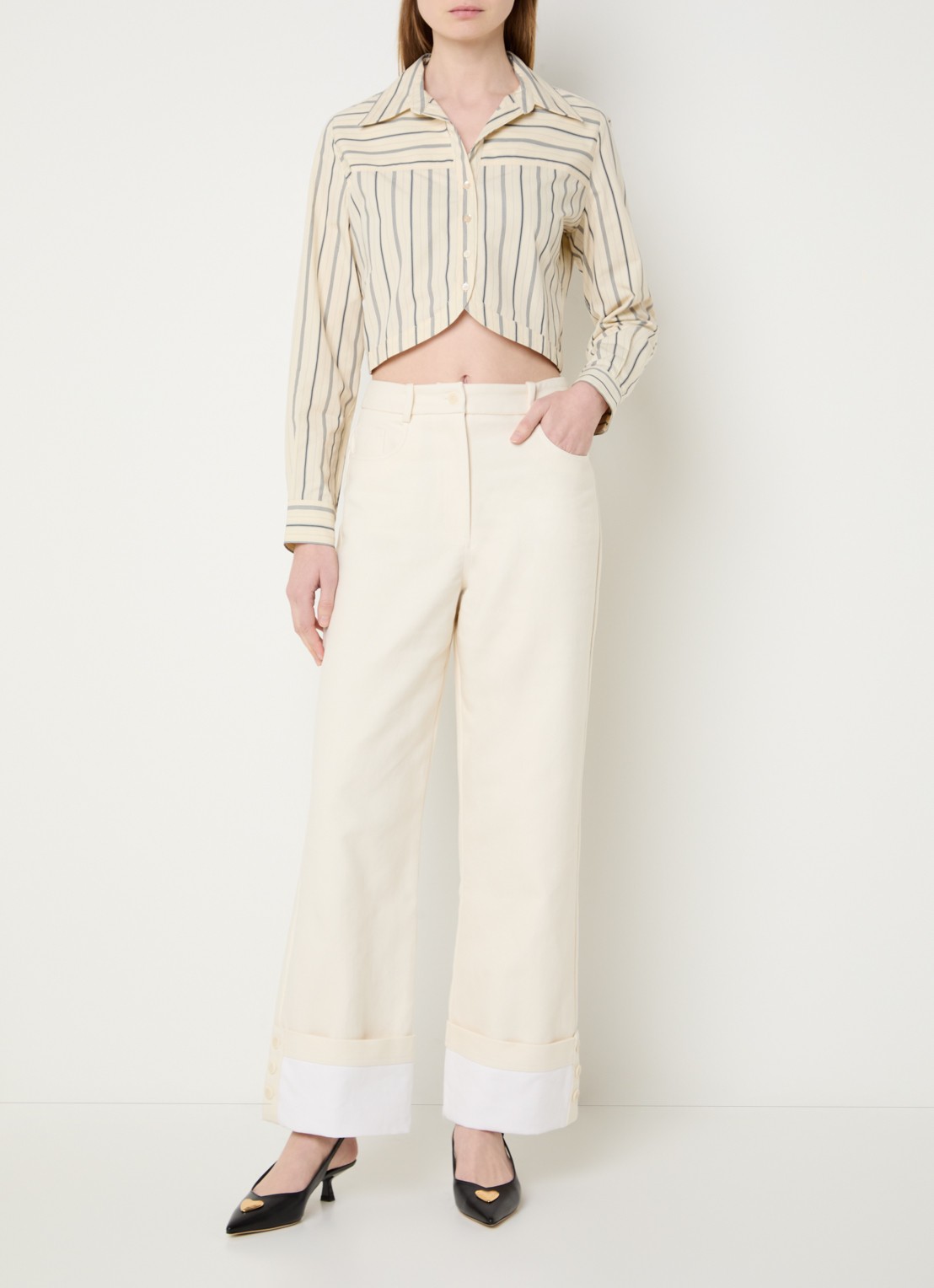 Claudie Pierlot Cecile cropped blouse met streepprint - voorkant 3 creme