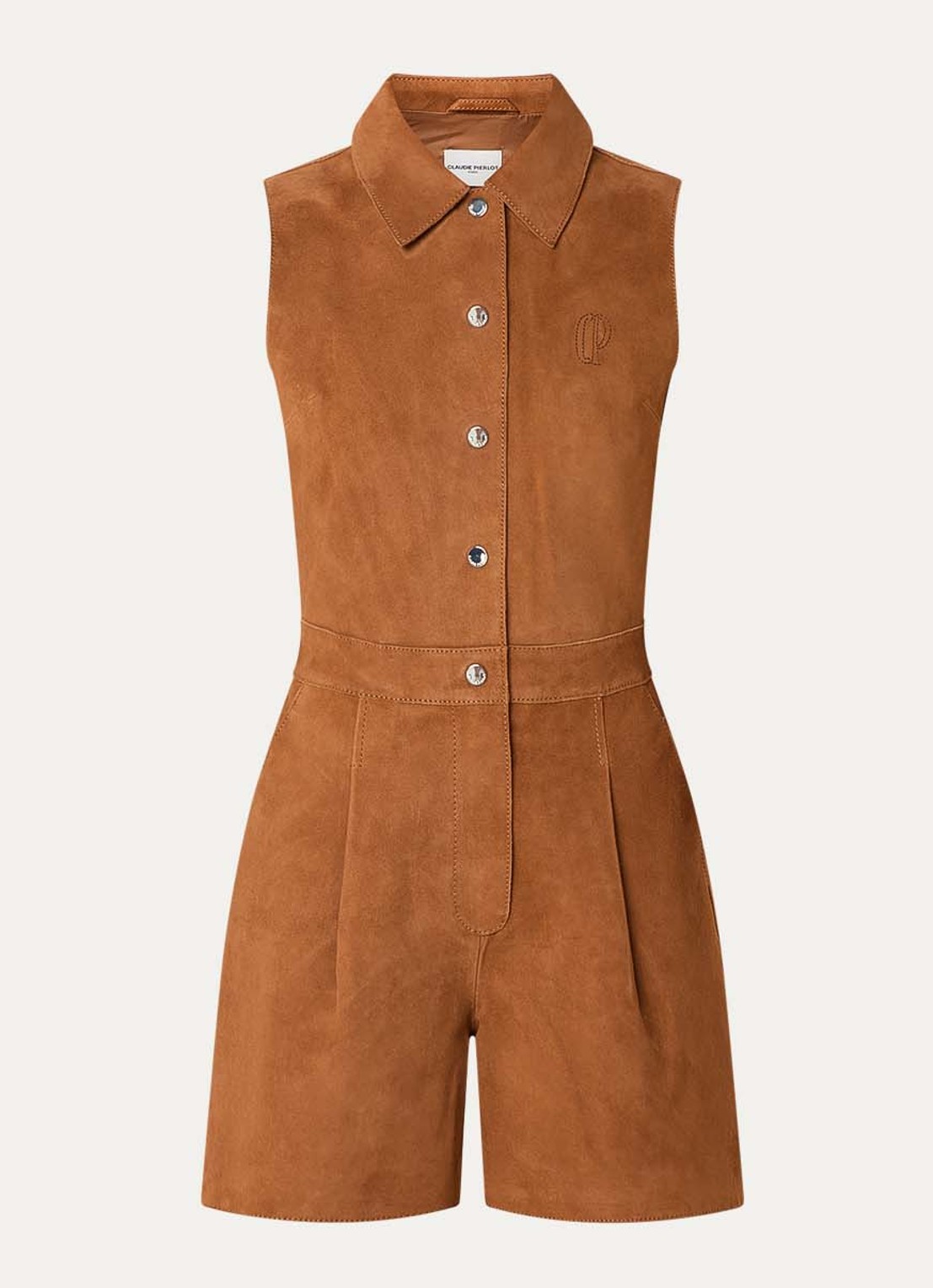 Claudie Pierlot Charline playsuit van geitensuède - voorkant 2 camel