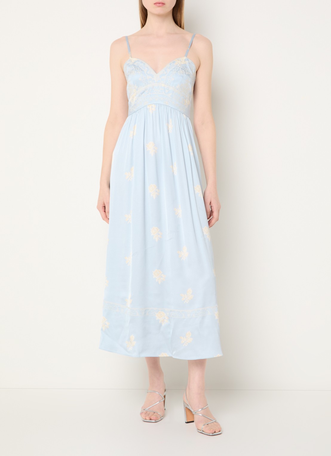 Claudie Pierlot Clair midi jurk met borduring en bloemenprint - detail 4 lichtblauw